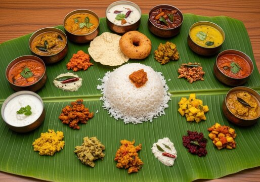 A complete South Indian vegetarian feast served on a fresh banana leaf.