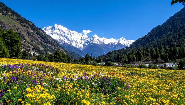 A vibrant alpine meadow in the Valley of Flowers National Park, a UNESCO site near Auli.