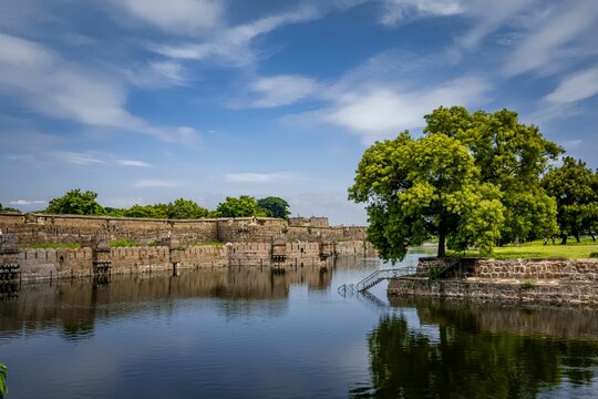 Aerial view of the historic Vellore Fort with its deep moat.