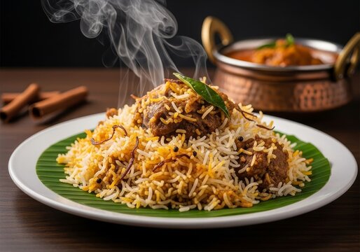 A close-up of a flavorful plate of mutton biryani with rice and meat.
