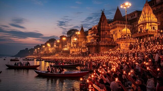 Devotees attending a grand evening temple aarti ceremony in Jammu.