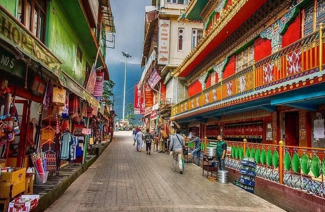 The vibrant and colorful main market street of McLeod Ganj in Dharamshala.