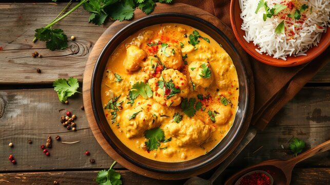 A traditional thali with Kadi (curry) served with steamed rice.