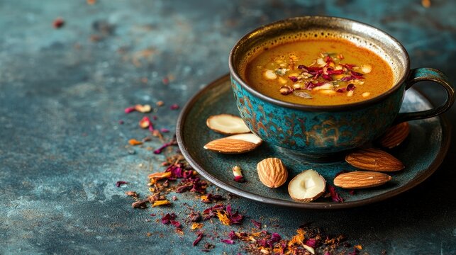 A traditional Kashmiri Kahwa tea served in a samovar with almonds.
