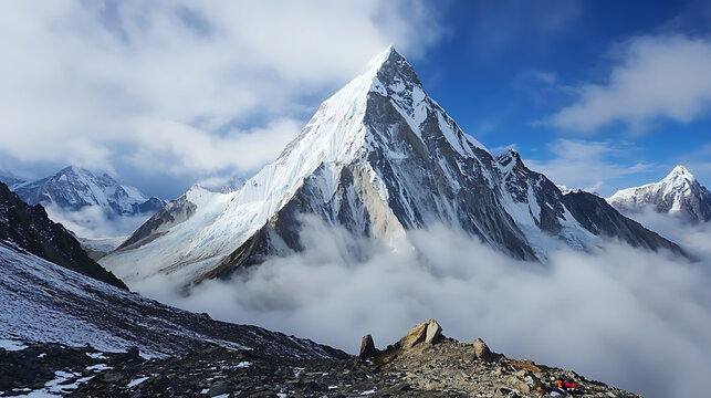 Majestic snow-capped Himalayan mountain peak against a clear blue sky.