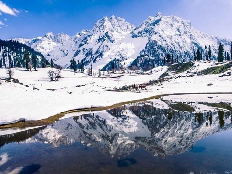 Tourists enjoying a pony ride on the trail to the Thajiwas Glacier in Sonamarg.