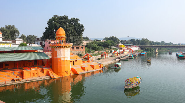 Devotees gathering for prayers at the sacred Ram Ghat in Chitrakoot.