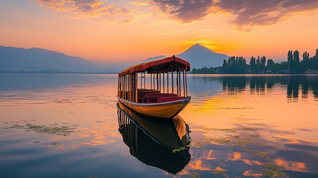 A traditional wooden Shikara boat gliding across the serene, reflective waters of Dal Lake in Srinagar, Kashmir, with the Himalayan mountains in the background.