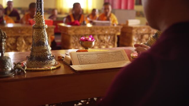 Monks engaged in deep, resonant Tibetan Buddhist chanting in Dharamshala.