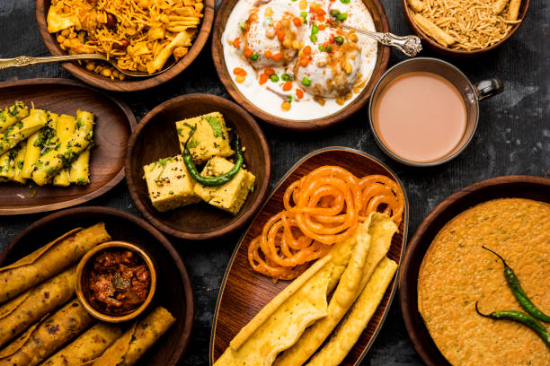 An assortment of Traditional Snacks like gathiya and fafda.