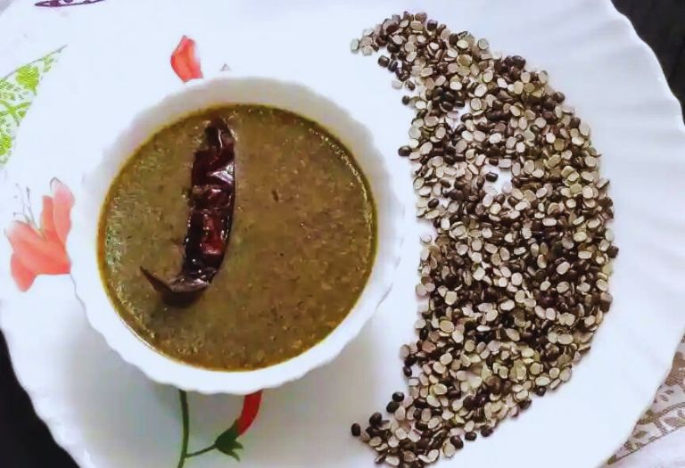 A bowl of dark, gravy-based Chainsoo, a popular Garhwali dish made from black gram.