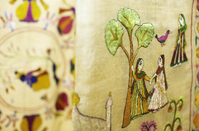 Close-up of hand-embroidered Chamba Rumals, a traditional craft of Chamba.