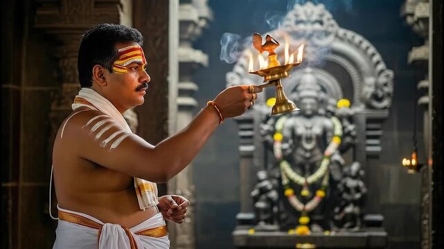 A priest performing the Kakad Aarti at dawn, a fundamental daily temple ritual of Maharashtra.