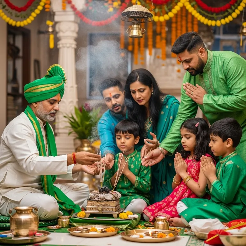 A priest performing an archana for a devotee inside a temple.