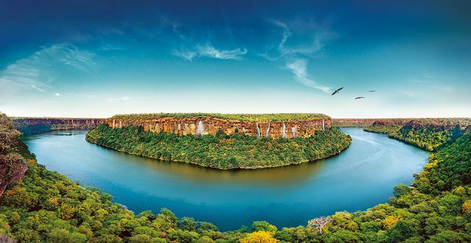 Garadia Mahadev Temple overlooking the deep Chambal River gorge near Kota, Rajasthan.
