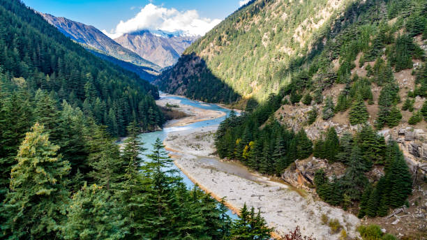 beautiful Harsil valley with apple orchards and deodar forests