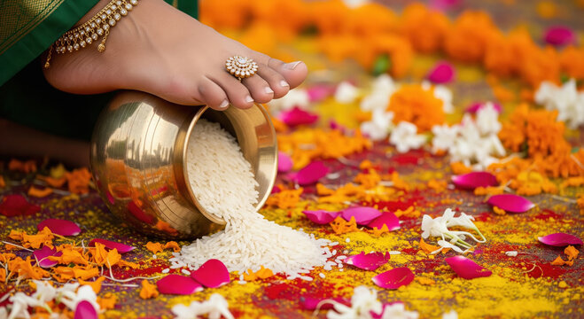A priest blessing a new home during a Housewarming (Griha Pravesh), auspicious rituals of Bihar.