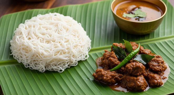 Idiyappam with Curry, string hoppers served with a flavorful curry.