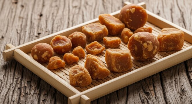 Blocks of organic jaggery (Gur) and other sugarcane products.