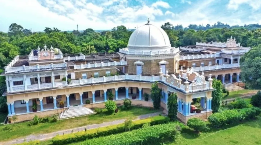 The grand Italian marble facade of Kawardha Palace.