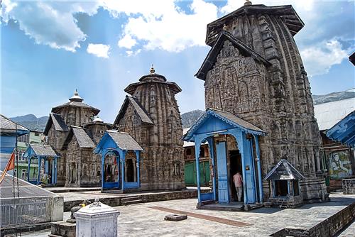 The intricately carved stone facade of the Laxmi Narayan Temple Complex in Chamba.