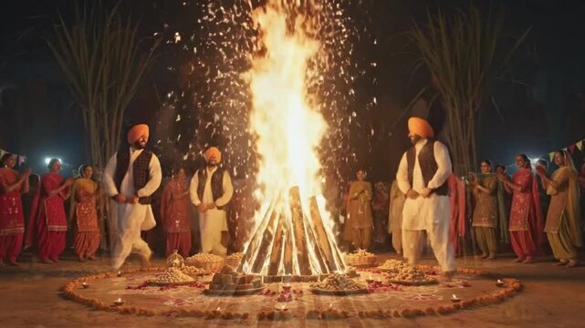 A family dancing around a Lohri bonfire, festive seasonal rituals of Punjab.