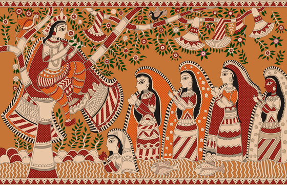 An artist creating intricate Madhubani Painting Rituals.