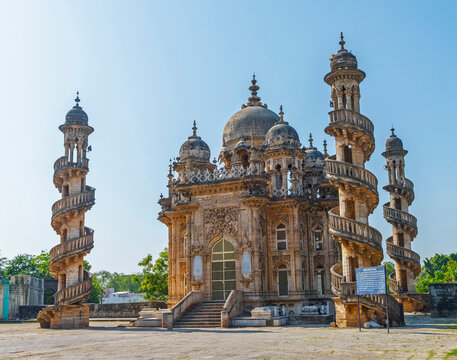 Intricate stone jali work and balconies of the Mahabat Maqbara in Junagadh.
