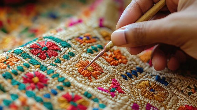 An artisan's hands creating intricate Phulkari Embroidery.