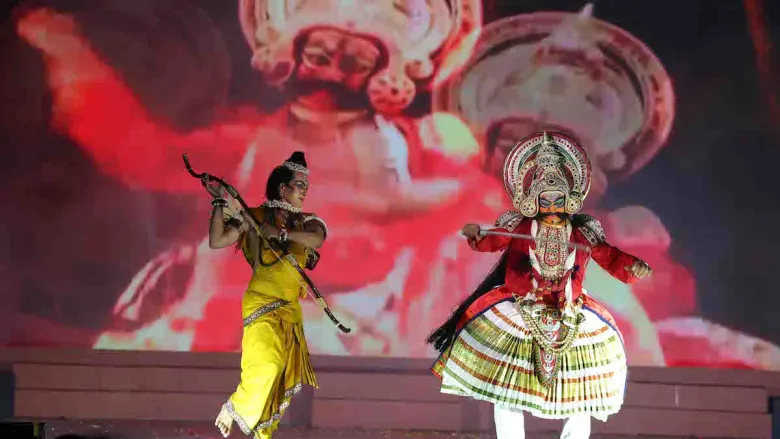 Actors performing a dramatic scene from the epic Ramayana in a Ramlila.