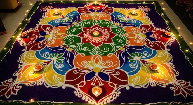 A woman drawing an intricate geometric rangoli at her doorstep.