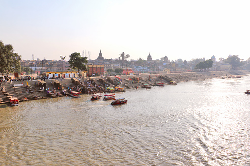 Calm waters of the Saryu River reflecting the clear blue sky in Lakhimpur Kheri.