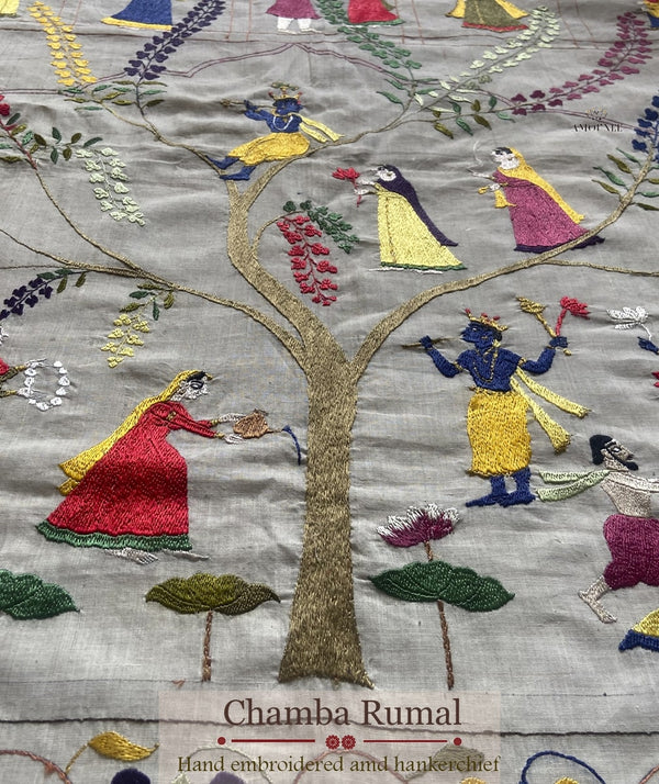 Close-up of hand-embroidered Chamba Rumals, a traditional craft of Chamba.