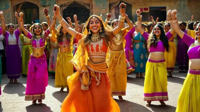Dancers performing the energetic Tejaji folk dance near Kota, accompanied by traditional musical instruments.
