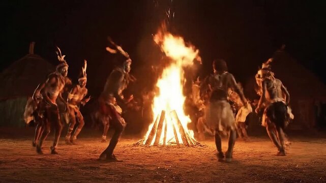 Tribal community dancers in traditional attire performing folk dance.