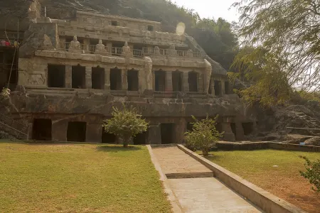 Rock-cut cave architecture inside the Undavalli Caves near amaravati.