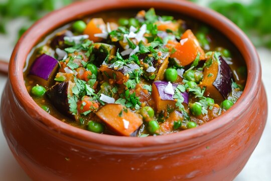A clay pot serving of mixed vegetable Undhiyu.