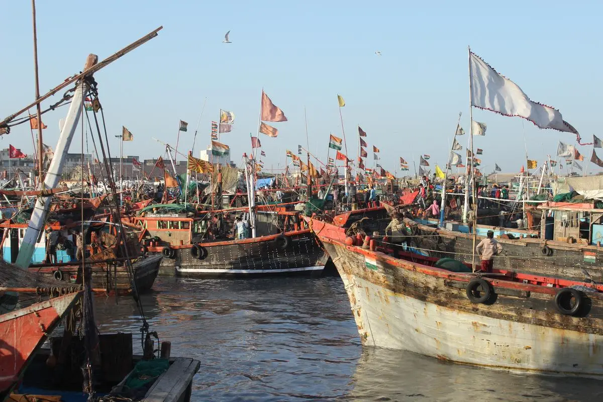 Fishing boats docked at the bustling Veraval Port.