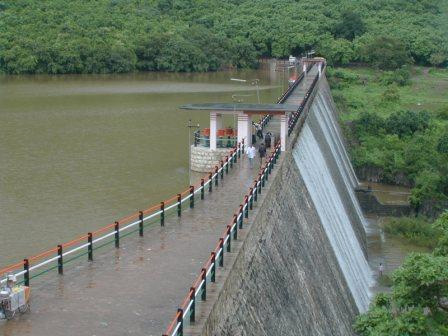 The scenic reservoir and spillway of Willingdon Dam near Junagadh.