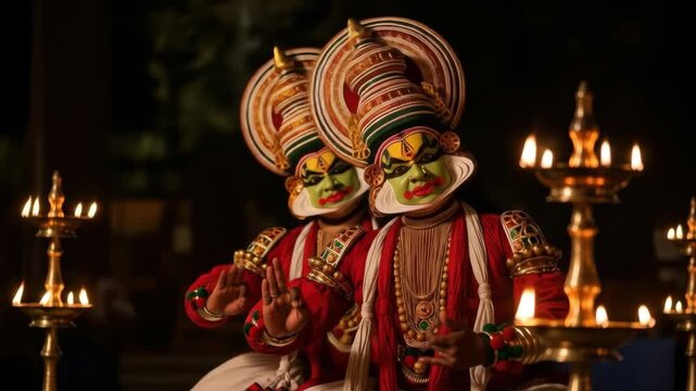 Colorful performer in elaborate costume during a Kathakali show in ernakulam.