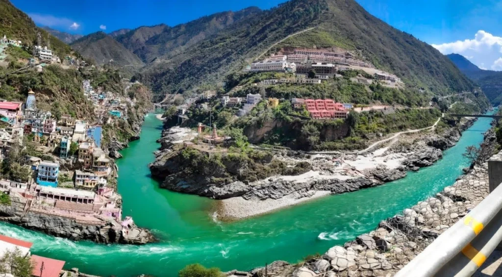 The turbulent Alaknanda and Mandakini rivers merging at the sacred Rudraprayag confluence.