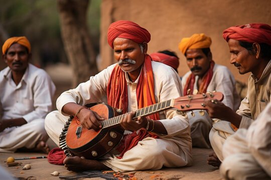 Storytellers reciting the heroic tales of Alha and Karkha, popular in the Orchha region.