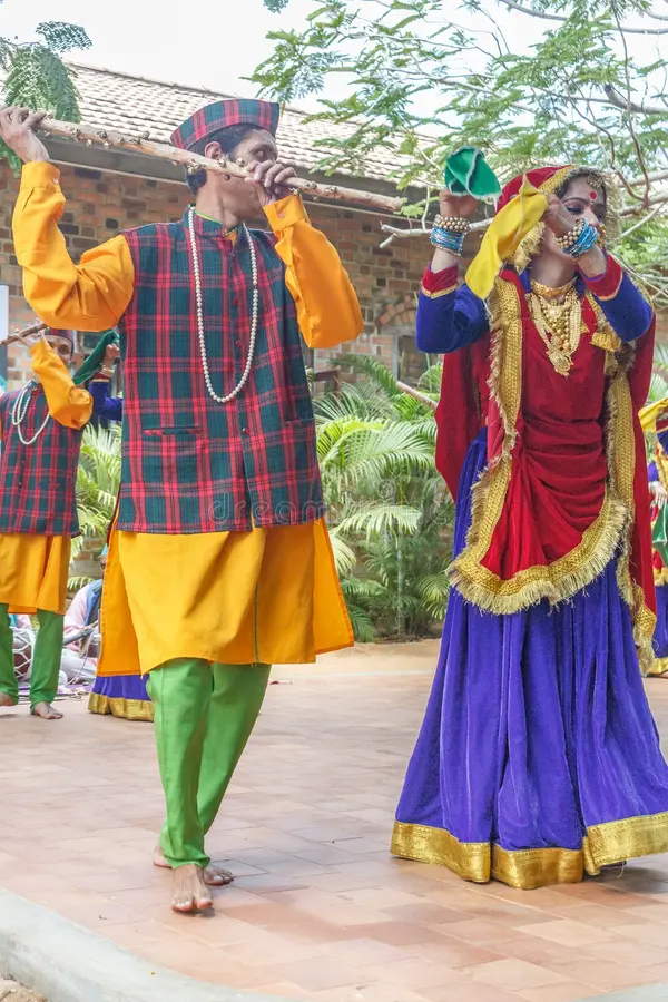Dancers performing the traditional Barada Nati folk dance during harvest festival.