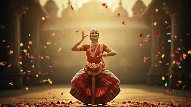 A Bharatanatyam dancer performing with expressive gestures and traditional costume.