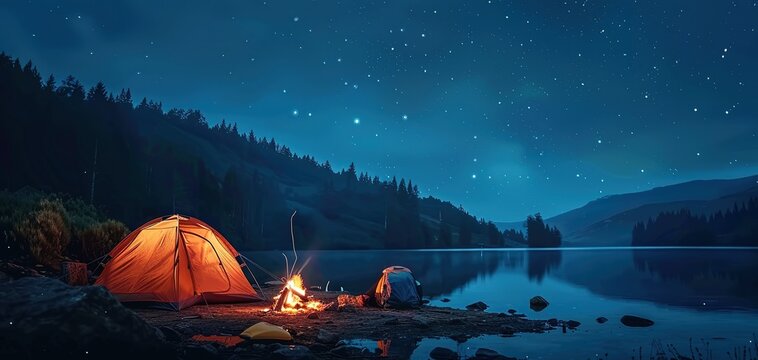 Colorful tents pitched under a starry night sky in the meadows of Chopta.