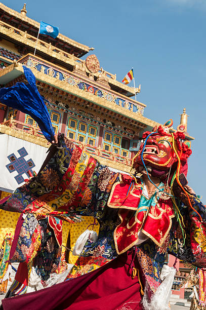Colorful Cham dance performance by Buddhist monks with elaborate masks and vibrant costumes