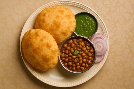 A plate of spicy Chole Bhature, a popular North Indian lunch dish.