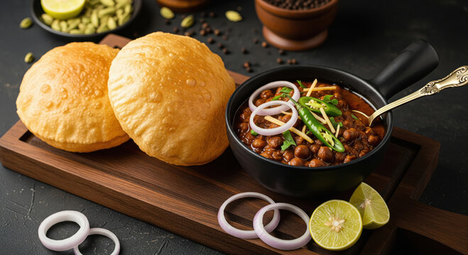 A delicious plate of Chole Bhature served with onions and pickles, a Punjabi favorite.