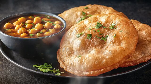 Chole Bhature served with pickles and onions, popular Punjabi breakfast dish