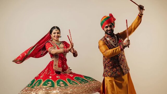 Energetic Dandiya Raas dance with sticks featuring vibrant costumes and rhythmic beats